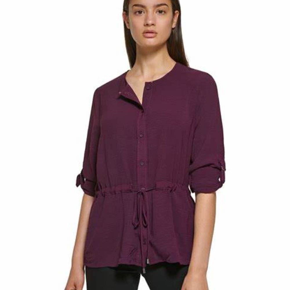 Calvin Klein Burgundy button-down front w drawstring waist roll up slv blouse M